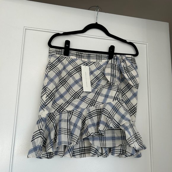 NWT Veronica Beard Kaia Check Ruffle Tie-waist Mini Skirt Sz 12 Blue Plaid - Picture 7 of 11